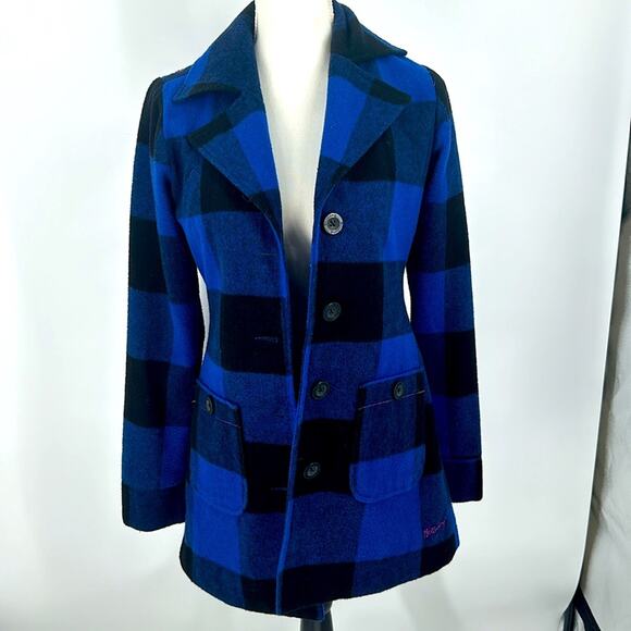 Women’s Billabong Coat Wool Blend Blue Buffalo Check Plaid Buttoned Jacket Small - Picture 1 of 6